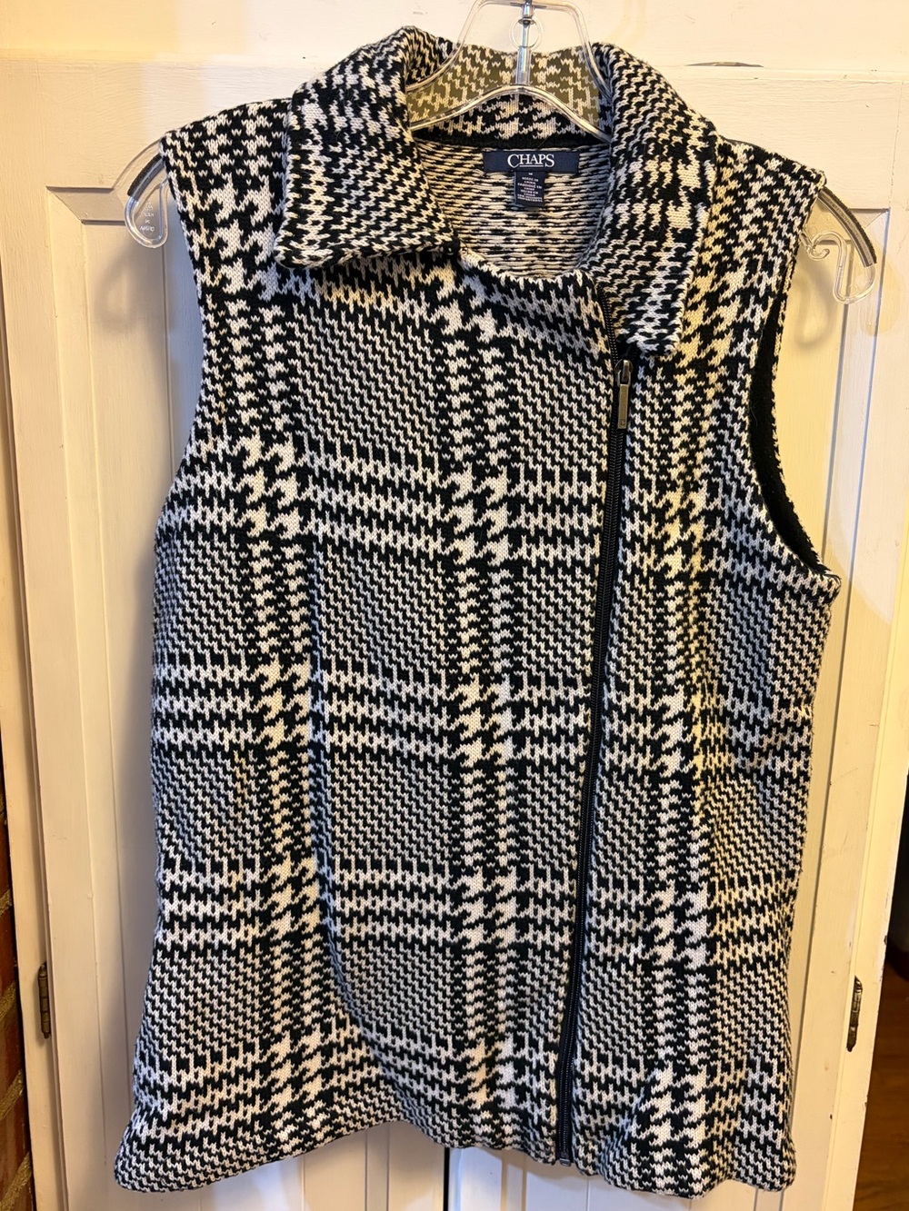 Ralph Lauren Chaps Black White Plaid Knit Vest Asymmetrical Front Zipper M